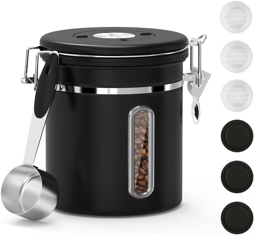 ShanSon Coffee Canister Airtight Coffee Container Stainless Steel Coffee Bean Storage Container with Scoop and See Through Window Coffee Canister for Beans Grounds Sugar Flour Tea Cereal,16OZ, Black