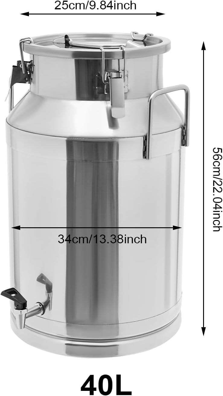 Milk Can with a Faucet,Large Liquid Container Storage,Stainless Steel Milk Bucket With Sealing Lid and Carry Handle,for Wine, Oil Storage Transport (40L/10.6 Gal,w/Faucet)