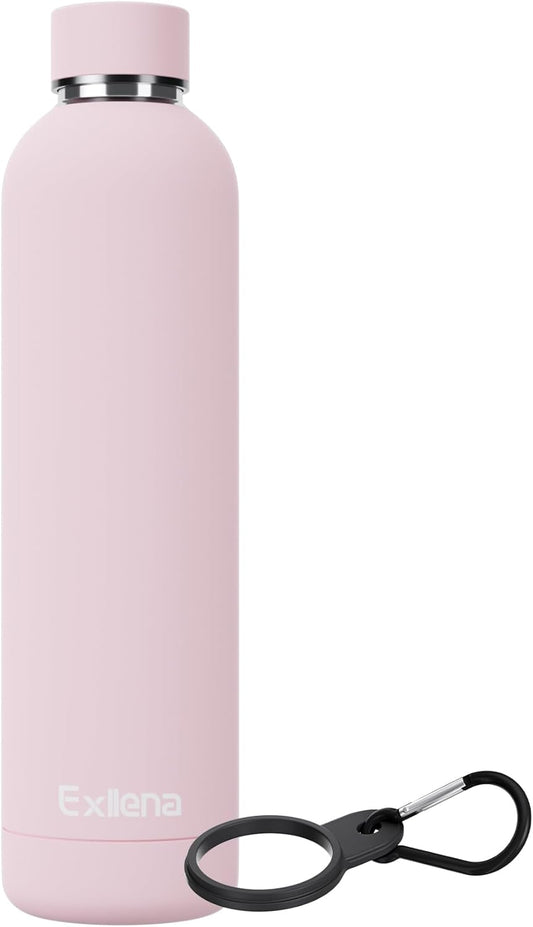 Slim Insulated Water Bottles for Travel 32oz with Clip, Double Wall Vacuum Stainless Steel Water Bottle Keeps Drinks Cold 24 Hrs/Hot 12 Hrs, 100% Leakproof, BPA Free(Pink)