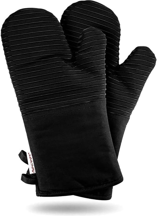 AVACRAFT Oven Mitts Pair, Black - Flexible, 100% Cotton with Unique Heat Resistant Food Grade Silicone, Thick Terry Cloth Interior, 500 F Heat Resistant