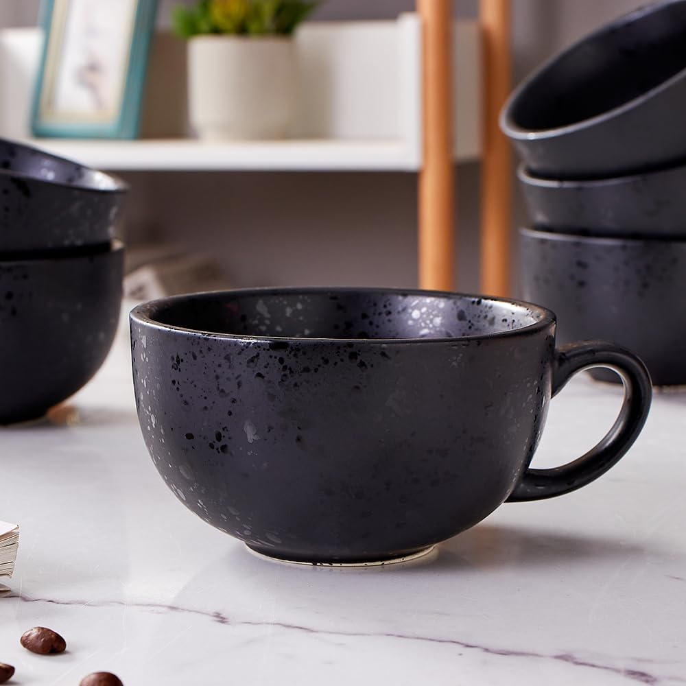 Set of 6 Vintage Design 12 oz Professional Barista Ceramic Latte Art Cappuccino Cups Set (Facular Black * 6)