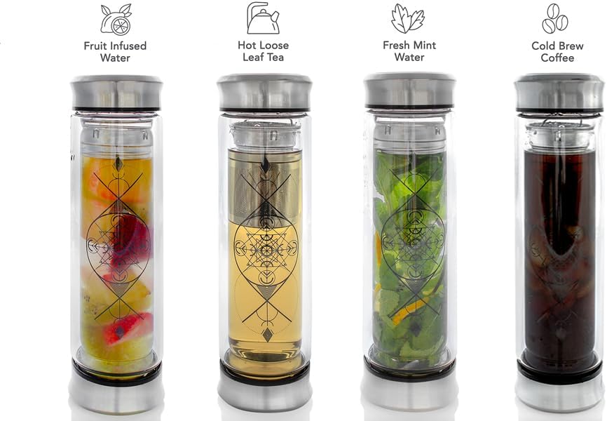 Teabloom All-Beverage Infusion Bottle – 14 oz / 400 ml – Double Wall Insulated Glass Travel Flask – Hot Tea & Cold Brew Coffee Thermos – Removable Sleeve