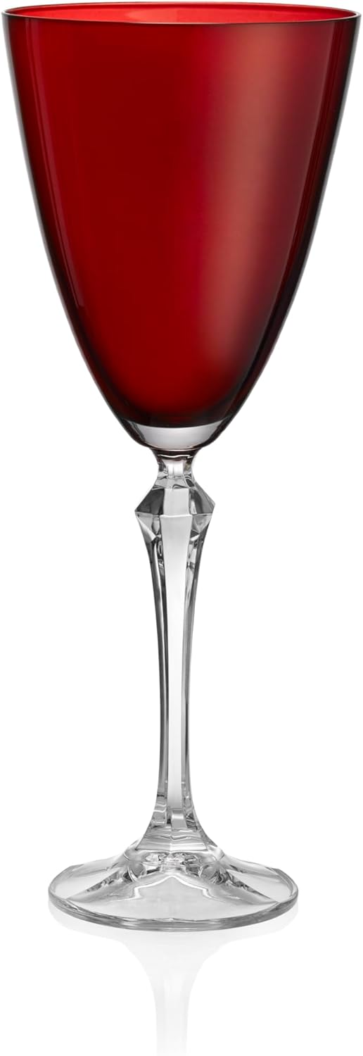 Barski Wine Glass - Set of 4 - Ruby (Red) Colored Cup - for Water - White or Red Wine - 9 fl. Oz. - Clear Stem - Glasses - Made in Europe