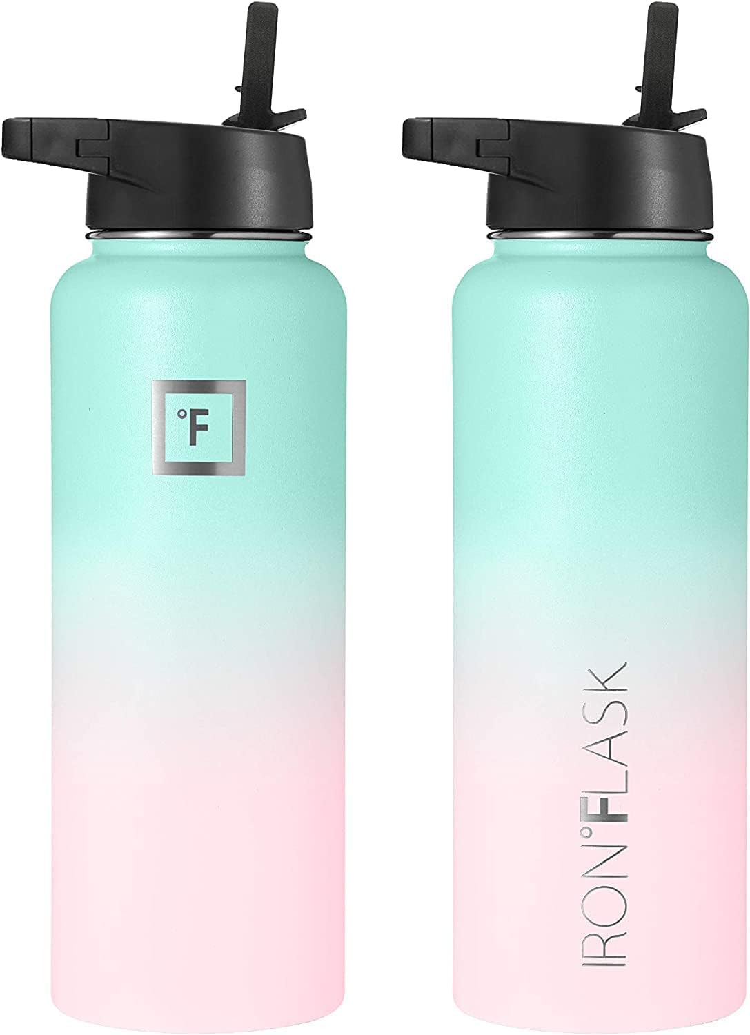 IRON °FLASK Camping & Hiking Hydration Flask with 3 Lids - Stainless Steel, Double Walled & Vacuum Insulated Water Bottle - Leak Proof & BPA Free (Bubble Gum, Straw - 18 oz)