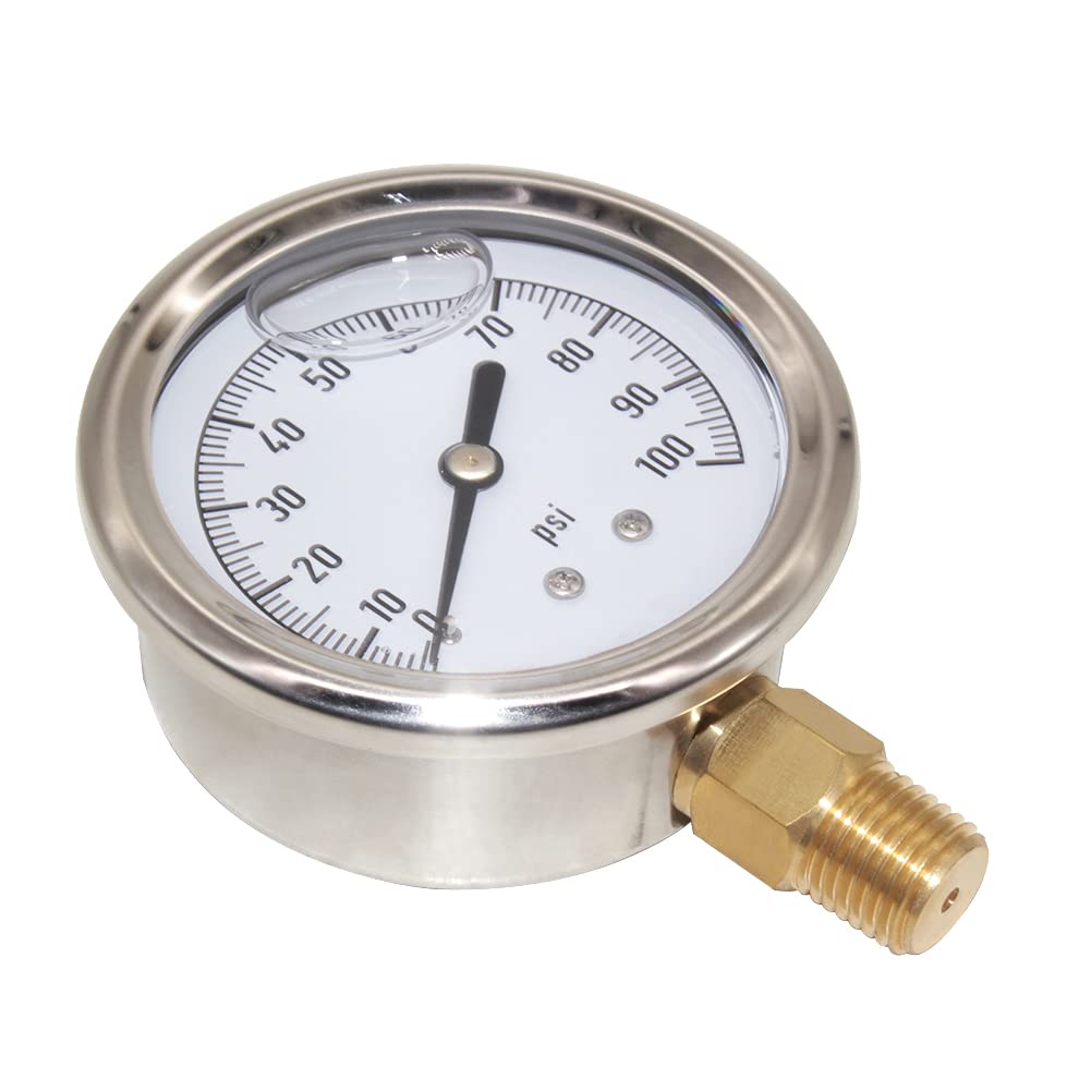 2-1/2" Dial 1/4" NPT 0~100Psi 304 Stainless Steel Glycerin Filled Pressure Gauge Bottom Mount