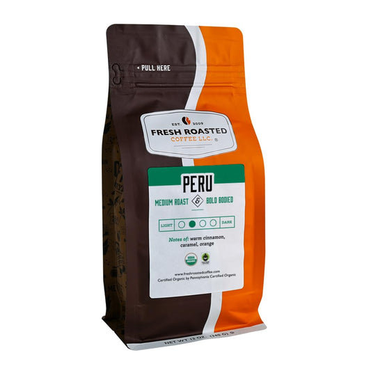 Fresh Roasted Coffee, Organic Peru | Mold & Myco 3rd Party Tested, USDA Organic, Kosher | Med Roast 12 oz Whole Bean