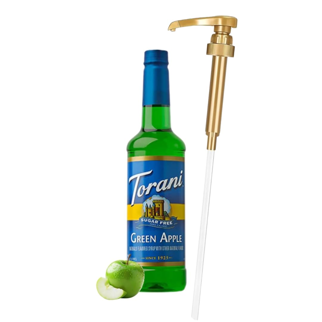 Jimoco® Syrup Pump Dispenser + Torani® Sugar Free Green Apple Syrup, 25.4 oz - Coffee Syrup Pump & Flavoring Bundle