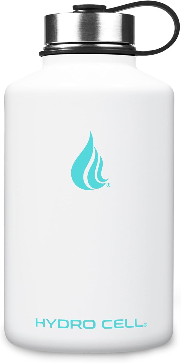 HYDRO CELL Stainless Steel Insulated Water Bottle with Straw - For Cold & Hot Drinks - Metal Vacuum Flask with Screw Cap and Modern Leakproof Sport Thermos for Adults (White 64oz)