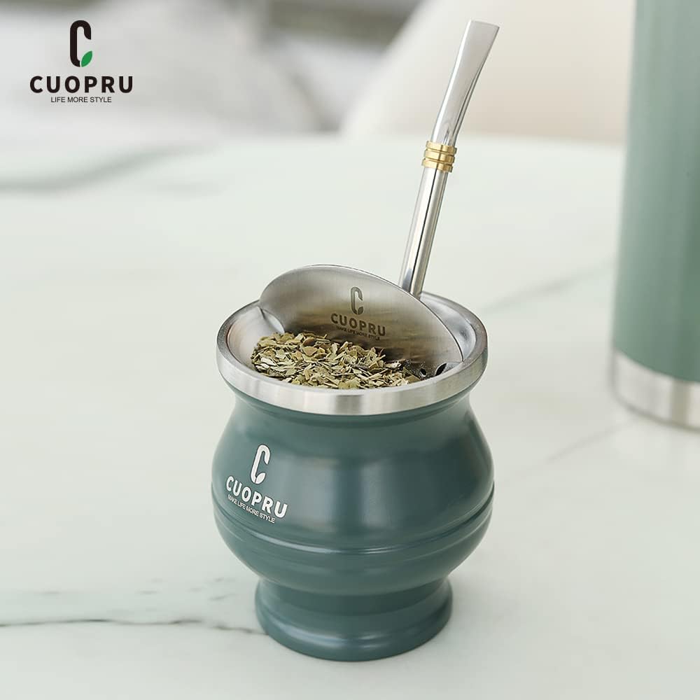 Yerba Mate Cup - Mate Gourd Set Includes Double Walled Stainless Steel Tea Cup, Tea Shaper set, Bombilla Straws, Cleaning Brush