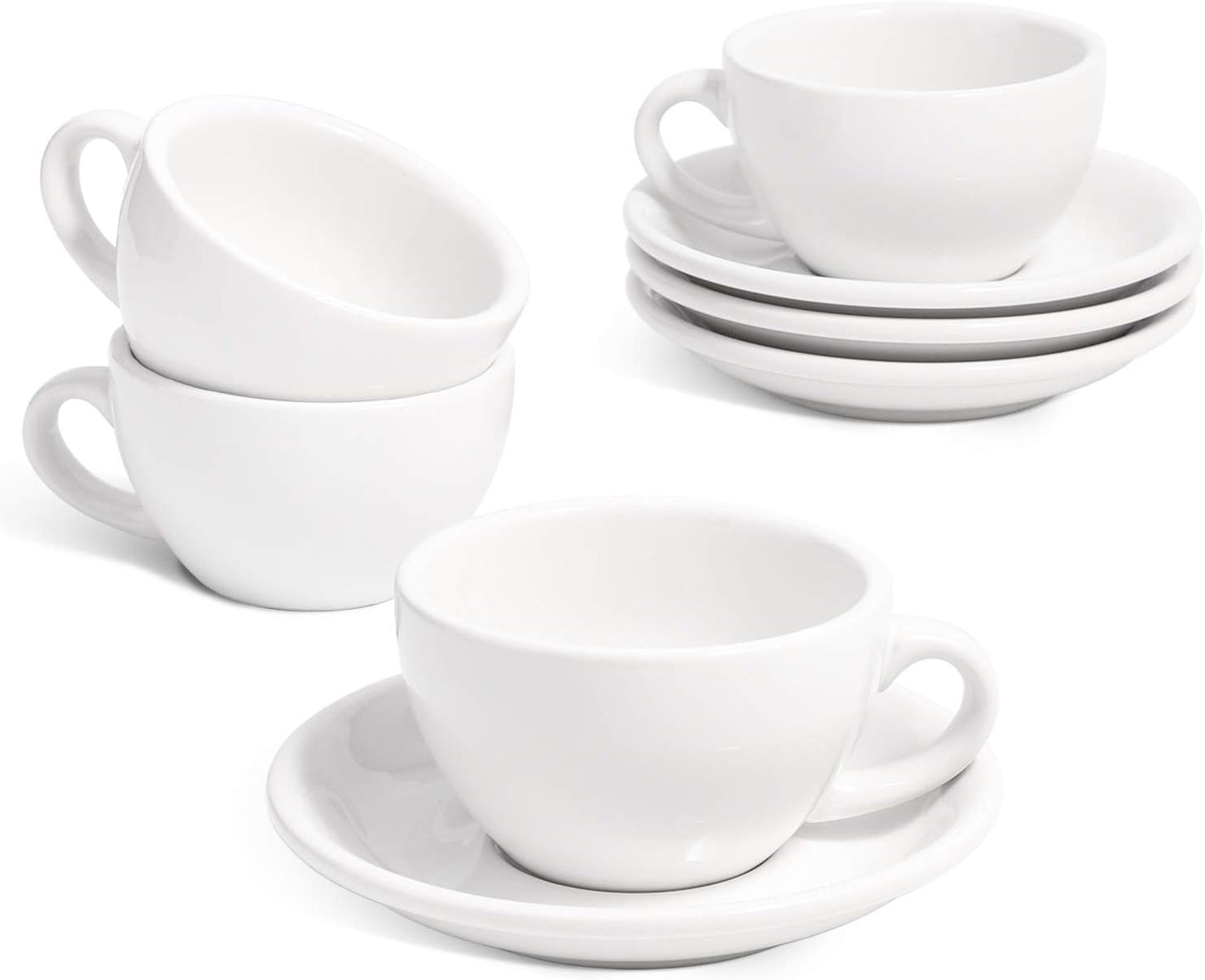 LE TAUCI 6 oz Cappuccino Cups with Saucers, Ceramic Coffee Cup for Au Lait, Double shot, Latte, Cafe Mocha, Tea - Set of 4, White