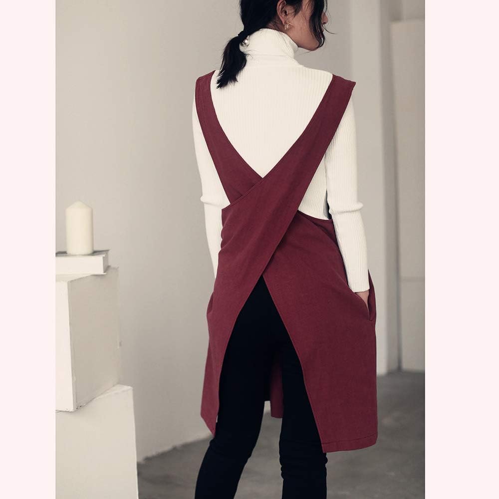 Cotton Linen Japanese Apron Halter Cross Back Bandage X Shape Aprons Two Pockets