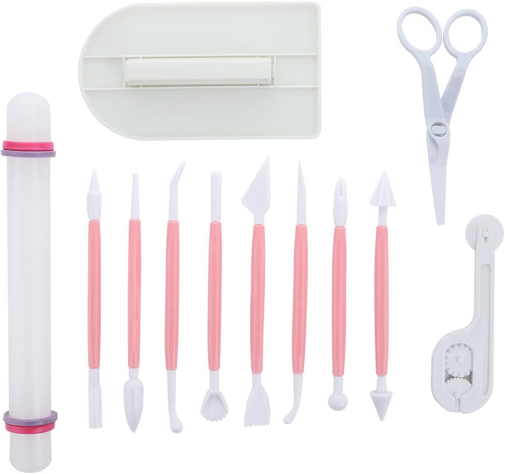 Marshmallow Fondant Cake Decorating Hand Tool 12 Pcs 5 Sets Sugarcraft Gumpaste Icing Smoother Rolling Pin Trimmer Cutter Embosser Flower Scissor Modelling Accessories Supplies Kit Pink