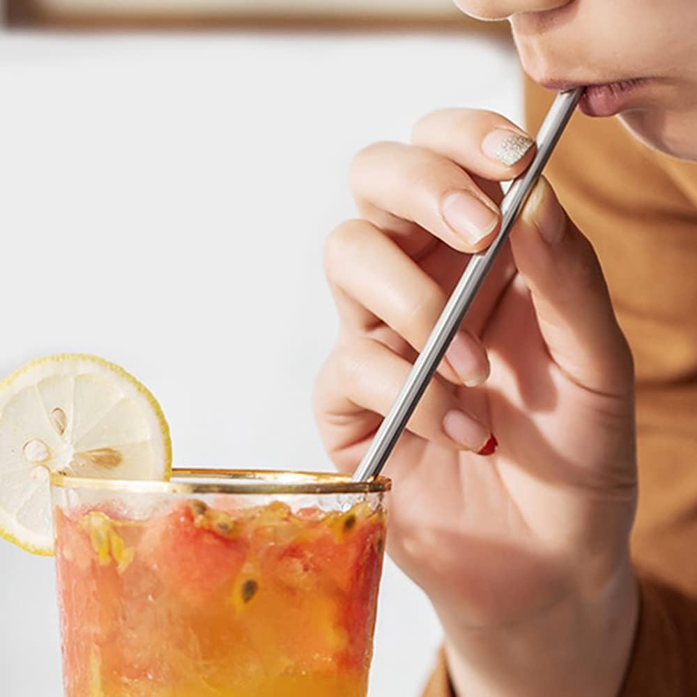 Reusable Stainless Steel Long Handle Straws Spoon, 6 Pieces 8.6", with 1 Cleaning Brush (circular)