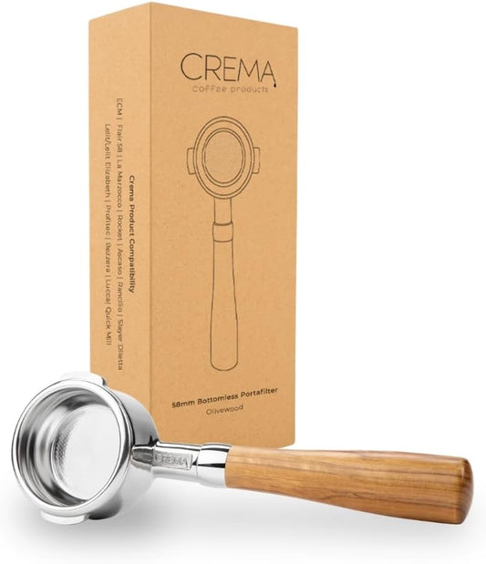 Crema Coffee Products 58mm Bottomless Naked Portafilter | Compatible with 58mm Breville Machines | Includes Double Shot Filter Basket | Olivewood