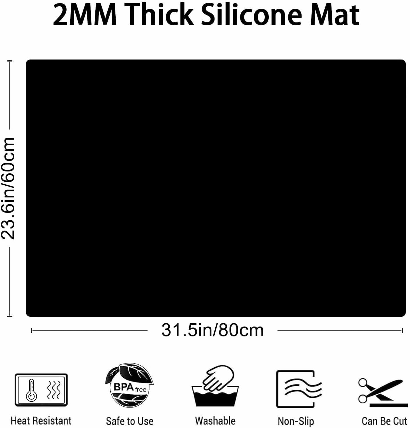 2MM Thick Silicone Countertop Mat, 31.5"x 23.6"(80cmx60cm) Silicone Mats for Kitchen Counter, Nonslip Heat Resistant Mat, Large Kitchen Counter Mats, Waterproof Countertop Protector, Black