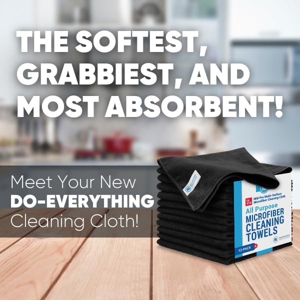 Microfiber Wholesale MW Pro Multi-Surface Microfiber Towel – 12 Pack | Premium Cleaning Cloth | Clean, Dust, Polish, Absorb | Large 16"x16" (Black)