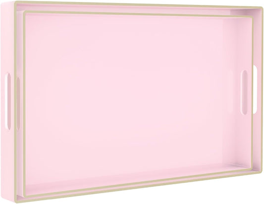 MAONAME Pink Serving Tray Set of 2, Plastic Decorative Trays with Handles, Rectangular Coffee Table Tray for Ottoman, Nesting Trays for Living Room, Bedroom