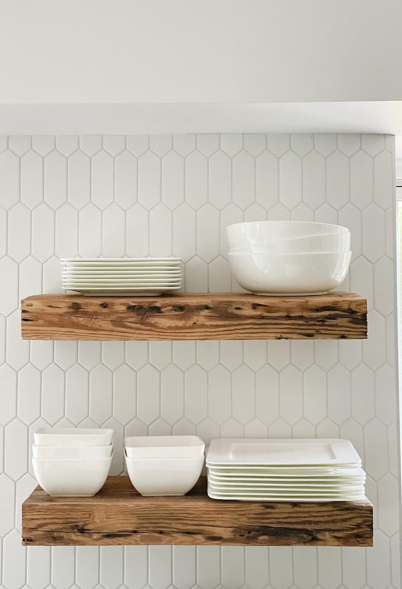 Modern Timber Craft Reclaimed Wood Fireplace Mantel Shelf | Solid Rustic American Barnwood with Floating Shelf Brackets | 2.75" Thickness | 66" L x 5" D, Rustic Original - Unfinished