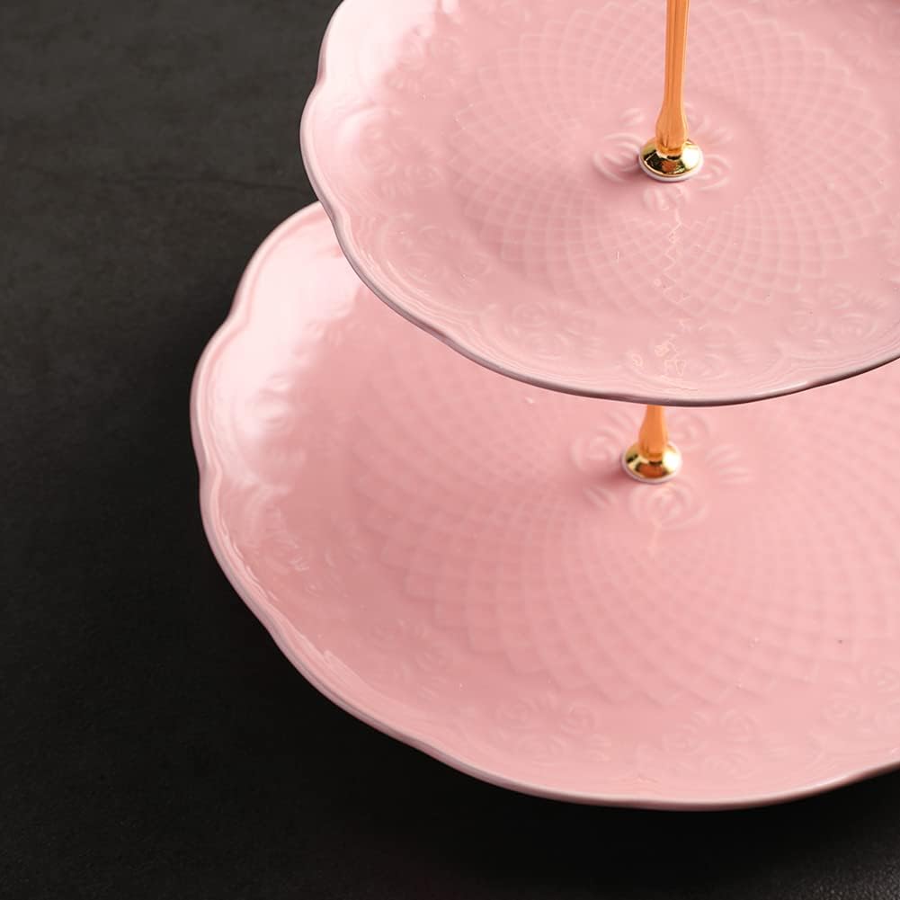 Sweejar 3 Tier Ceramic Cake Stand Wedding, Dessert Cupcake Stand for Tea Party Serving Platter(Rose Pink)