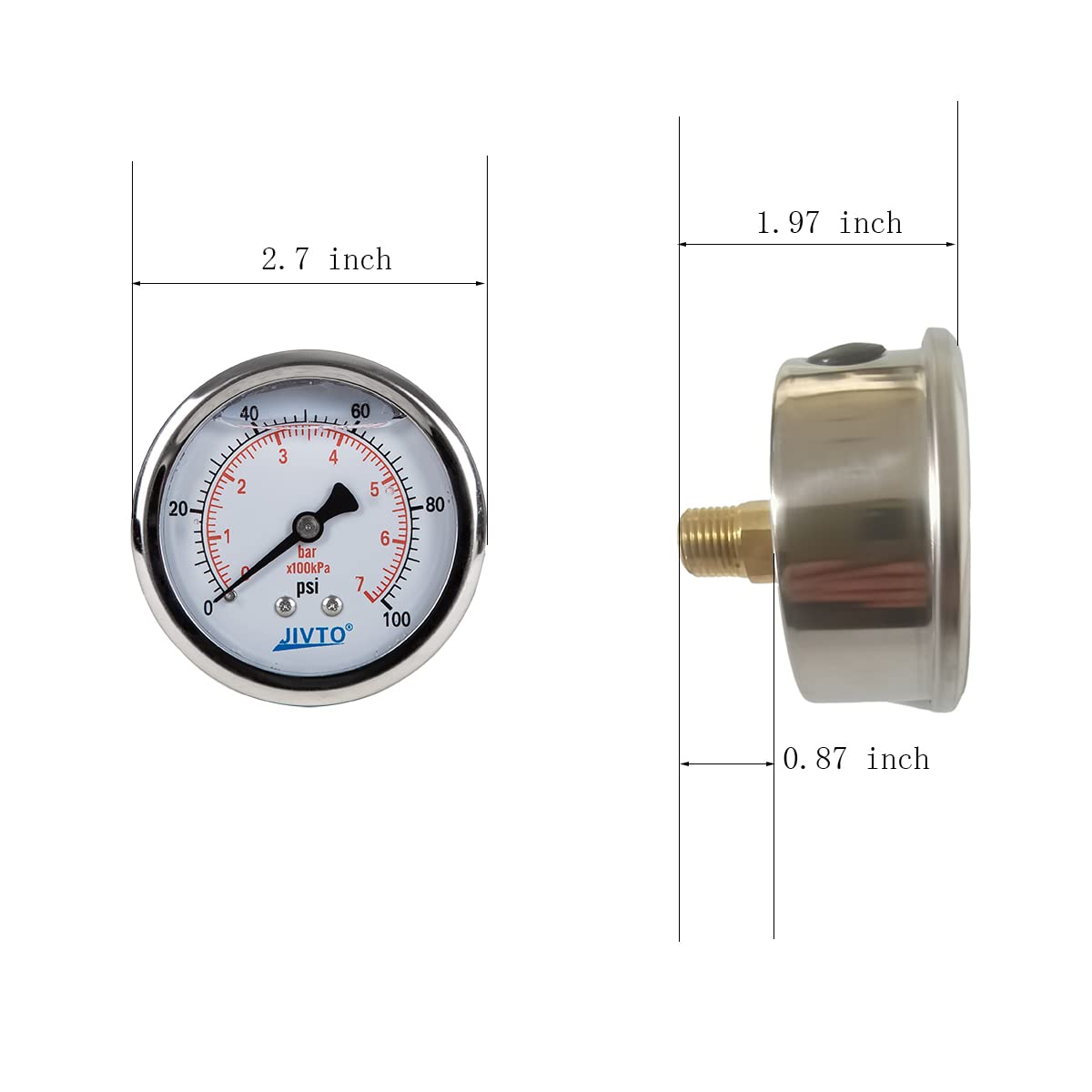 Pressure Gauge,Liquid Filled,2.5" Dia,0-100 psi/bar/kpa,1/4" NPT Back Mount, Polycarbonate Lens Window, Stainless Steel case