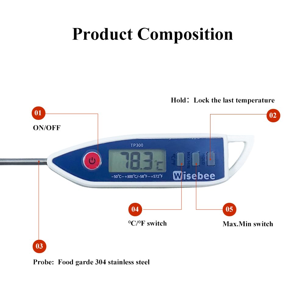 Wisebee Digital Meat Thermometer, Instant Read, ℃/℉ Switch, Long Stainless Steel Probe, Battery Powered, Food Thermometer for Cooking, Baking, Steak, Grilling and Frying (Blue)