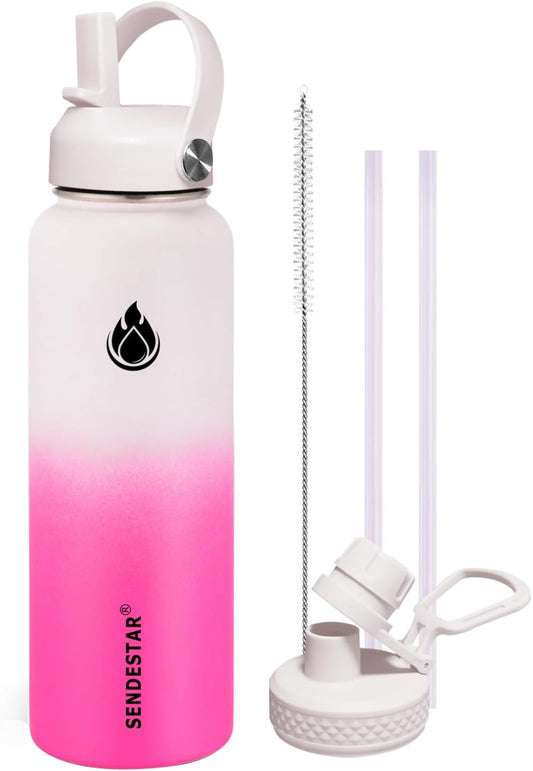 SENDESTAR Stainless Steel Wide Mouth Water Bottle 32oz Double Wall Vacuum Insulated Leak Proof Bottle with New Flex Straw Lid & Spout Lid XIN-WP-32OZ-1