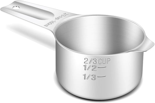 1PCS 2/3Cup (160ml, 5.3oz) Single Measuring Cup, Stainless Steel Measure Scoop, Metric and US Measurement, Heavy Duty, Dishwasher Safe