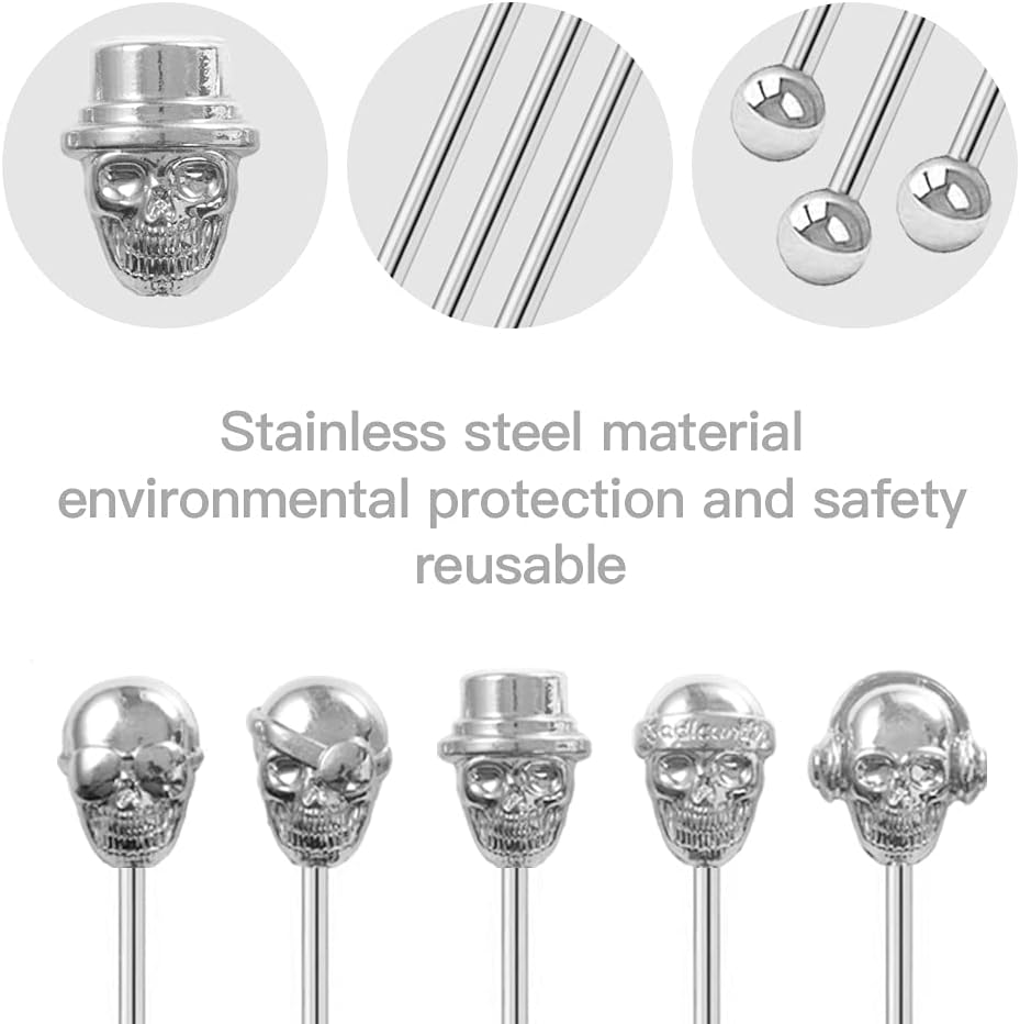 Skull Shape Swizzle Sticks, Reusable Stainless Steel Coffee Beverage Stirrers Cocktail, 5-Pack Drink Stir Sticks for Bar Party Home Office (Silver)