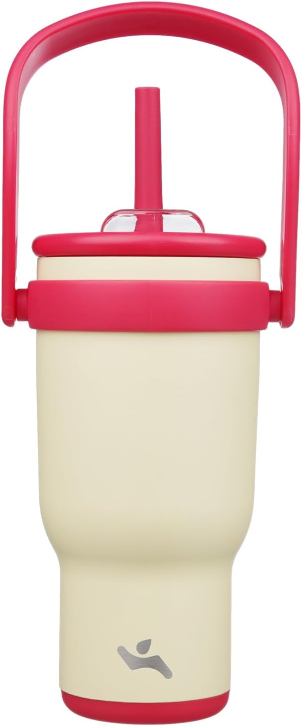 30 oz Tumbler with Side Handle, Insulated Water Bottle with Straw and 2 in 1 Lid, Stainless Steel Cup Travel Coffee Mug for Sports Office Gym,Cream