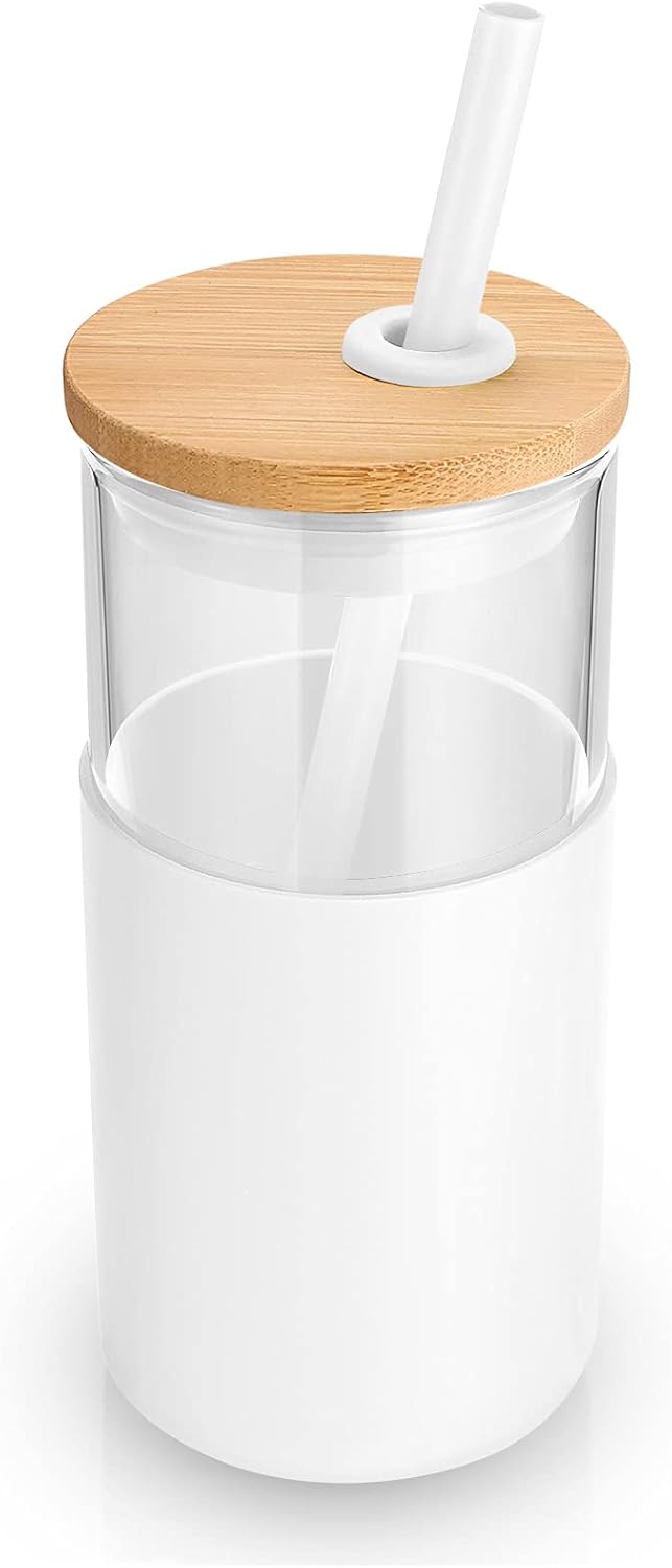 Tronco 16 oz Glass Tumbler with Straw and Bamboo Lid, Iced Coffee Cup Reusable, Smoothie Cups, Tumbler with Silicone Protective Sleeve - BPA Free