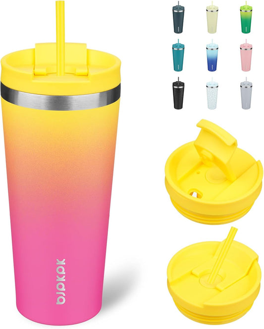 BJPKPK 22oz Stainless Steel Insulated Tumbler With lid And Straw Travel Coffee Thermal Tumblers Cup For Women And Men,Pink Yellow Rose