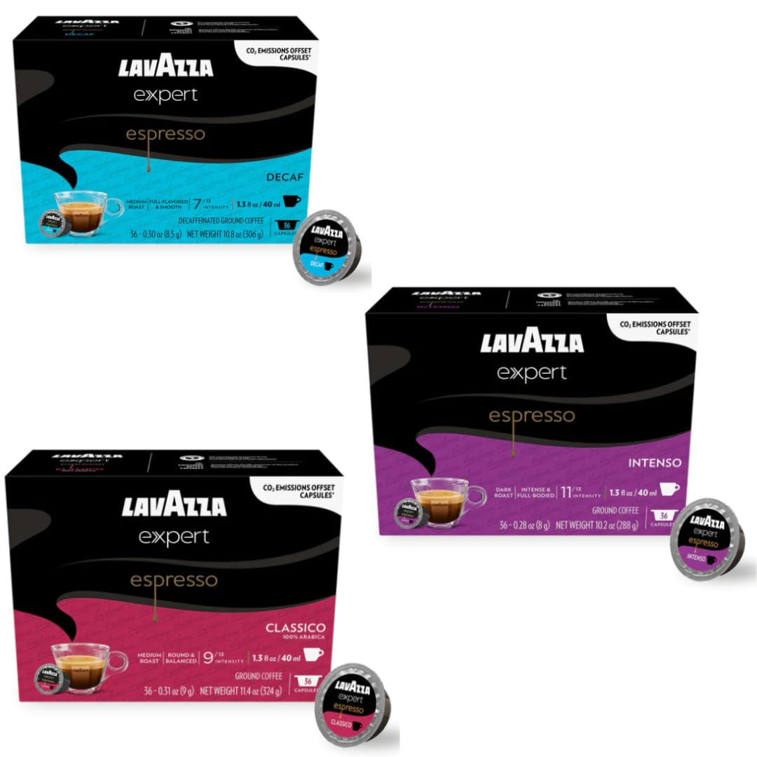Lavazza Expert Espresso Coffee Pods Variety Pack – 30 Count – Includes Classico, Intenso & Decaf Capsules – Keto-Friendly, Rich & Smooth Italian Blend – Compatible with Lavazza Classy Machines