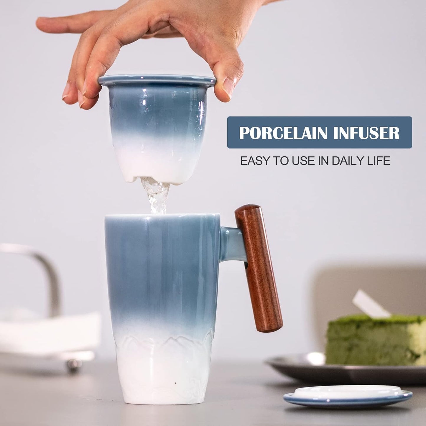 suyika Tomotime Tea Cup with Infuser and Lid 400ml Ceramic Tea Mugs Smooth Inner Wall Wooden Handle 13.5 oz,Blue