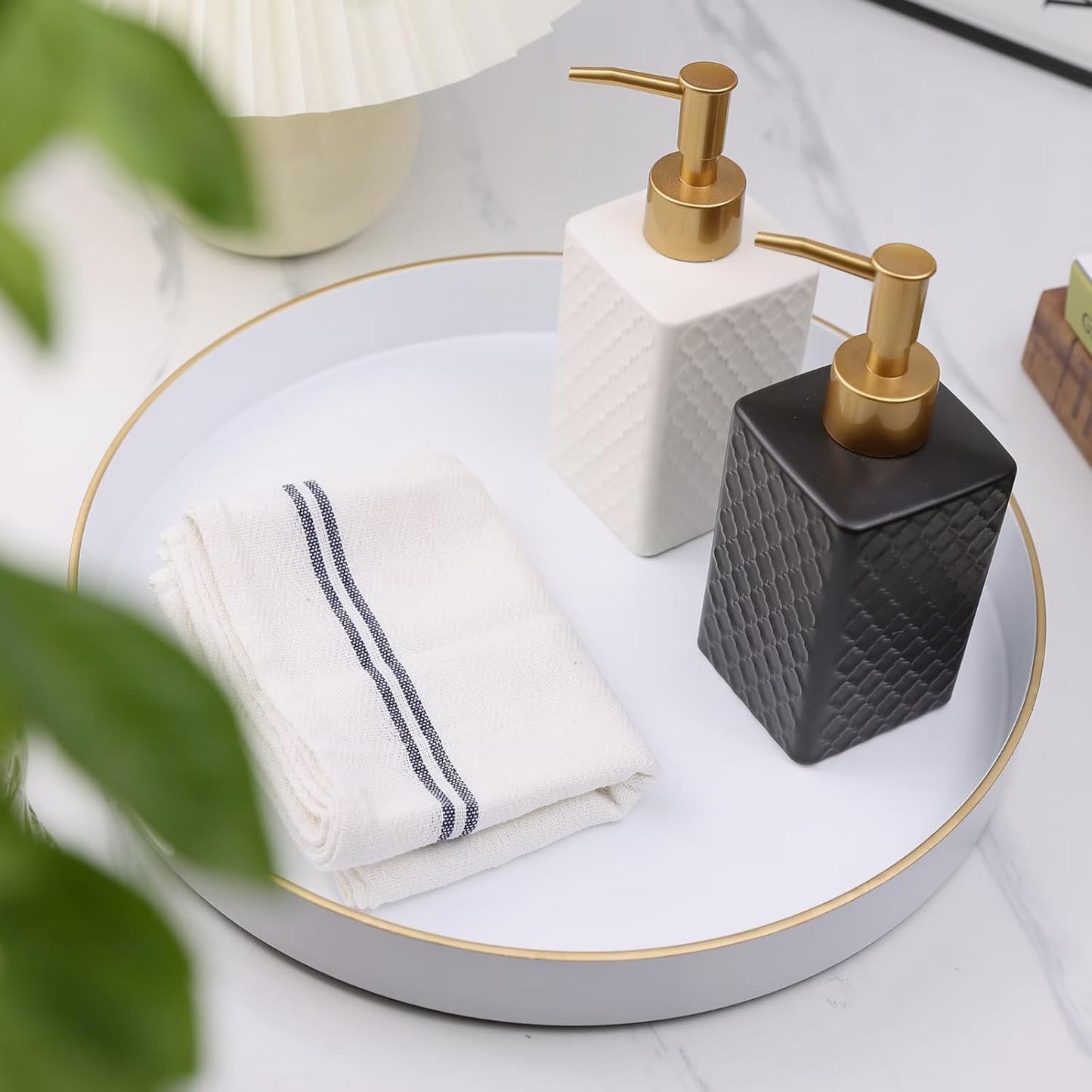 White Round Decorative Tray with Handles, 13" Versatile Serving Tray for Coffee Table, Ottoman, Ideal for Serving, Displaying, Organizing