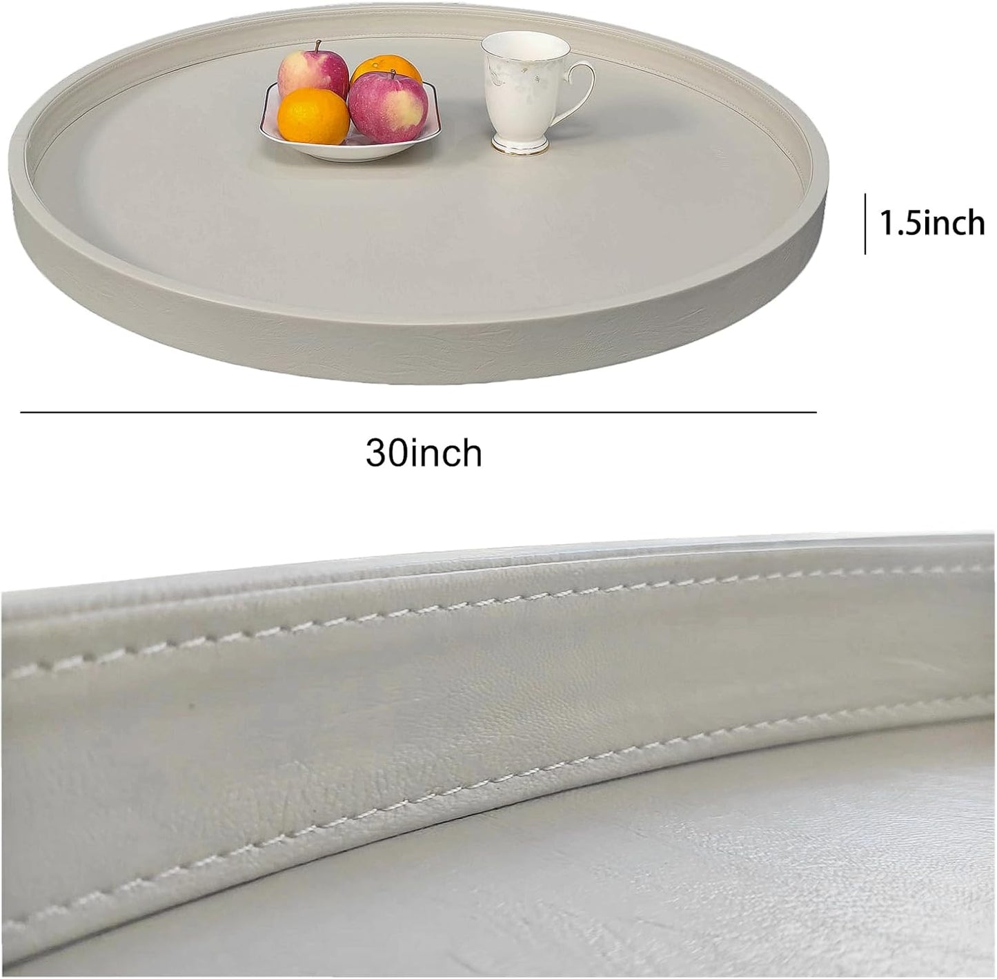 30 * 30 inches high-end Light Luxury Leather Round Oversized Service Tray, Ottoman Tray，Coffee Tray, Food Tray, Family Dinner, Out-of-House Picnic, Party Essential Tray (30 inch Beige)
