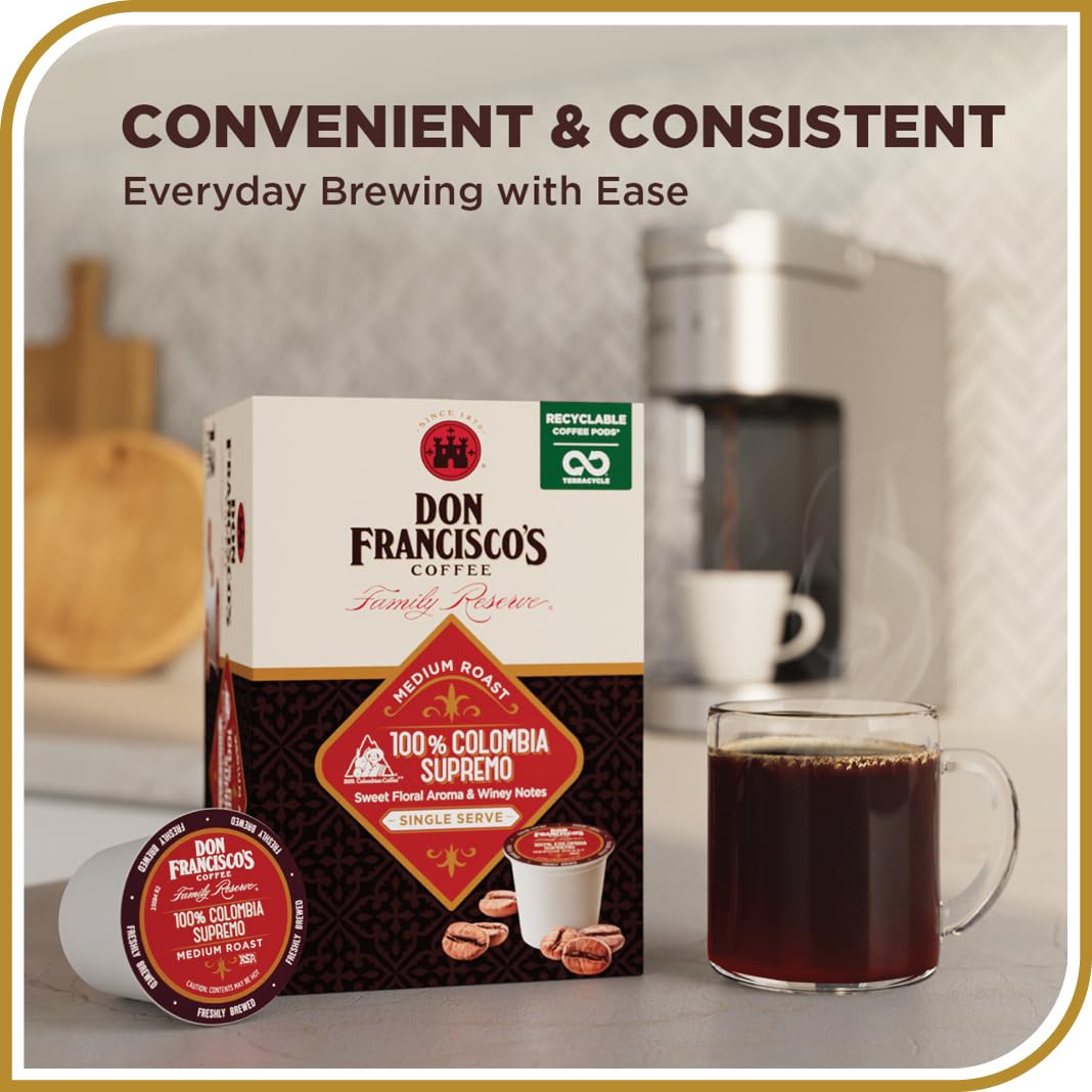 Don Francisco's Colombia Coffee - 55 K-Cup Compatible Single-Serve Pods - 100% Arabica - Recyclable through TerraCycle - Floral Aroma with Winey Notes - Compatible with Keurig Brewers