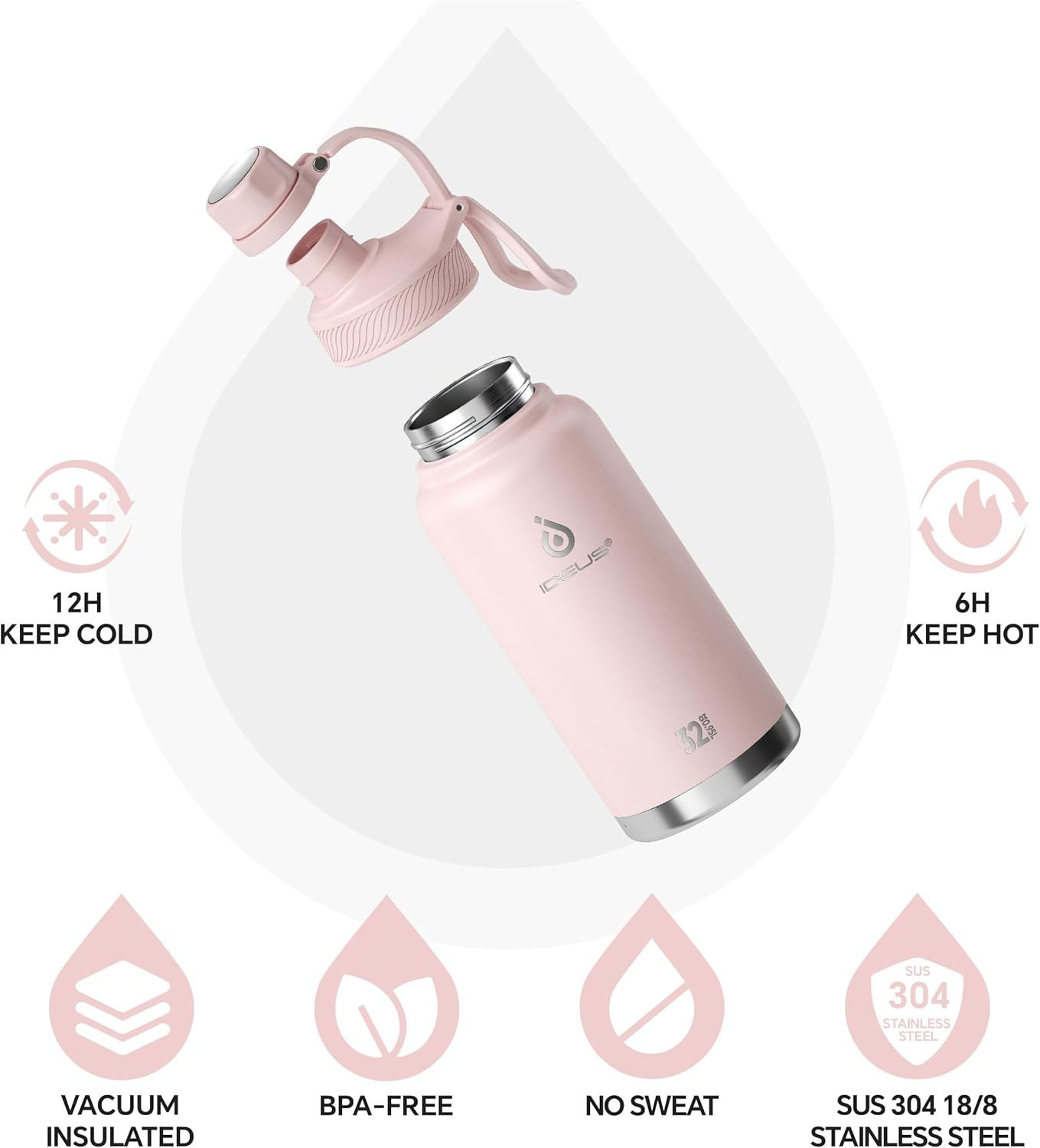 IDEUS Insulated Stainless Steel Water Bottle with 2 Leak-Proof Lids, Thermal Water Flask for Hiking Biking, 32oz, Light Pink