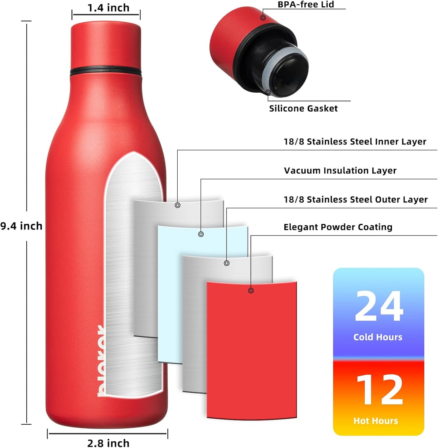 BJPKPK Insulated Water Bottles, 18 oz Stainless Steel Metal Water Bottle with Strap, BPA Free Leak Proof Thermos, Mugs, Flasks, Reusable Water Bottle for Sports & Travel, Red