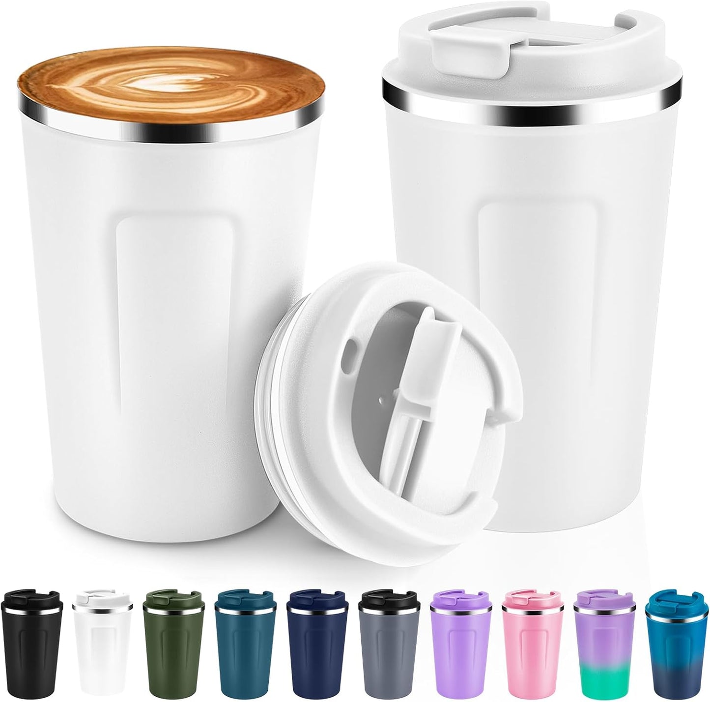 Volhoply 12 oz Double Wall Insulated Vacuum Travel Coffee Mugs with Flip Lid Bulk 2 Pack,Reusable Stainless Steel Leak Proof Coffee Cup,Portable Cafe Thermal Tumbler for Hot & Cold Drinks(White,2 Set)