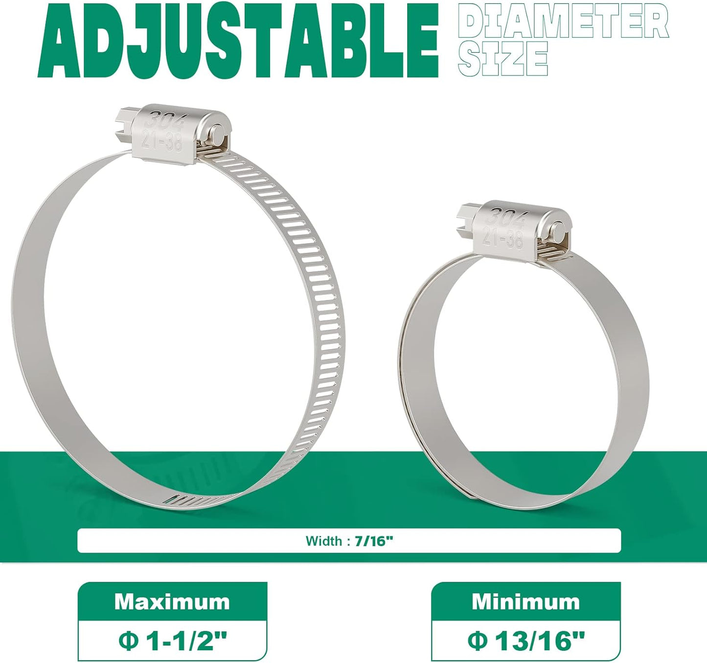 10PCS Hose Clamps Stainless Steel Adjustable 13/16"– 1-1/2"(21-38mm) Worm Gear Hose Clamp, Heavy Duty Metal Small Hose Clamps for Automotive, Pipe, Radiator Plumbing, Fuel Line