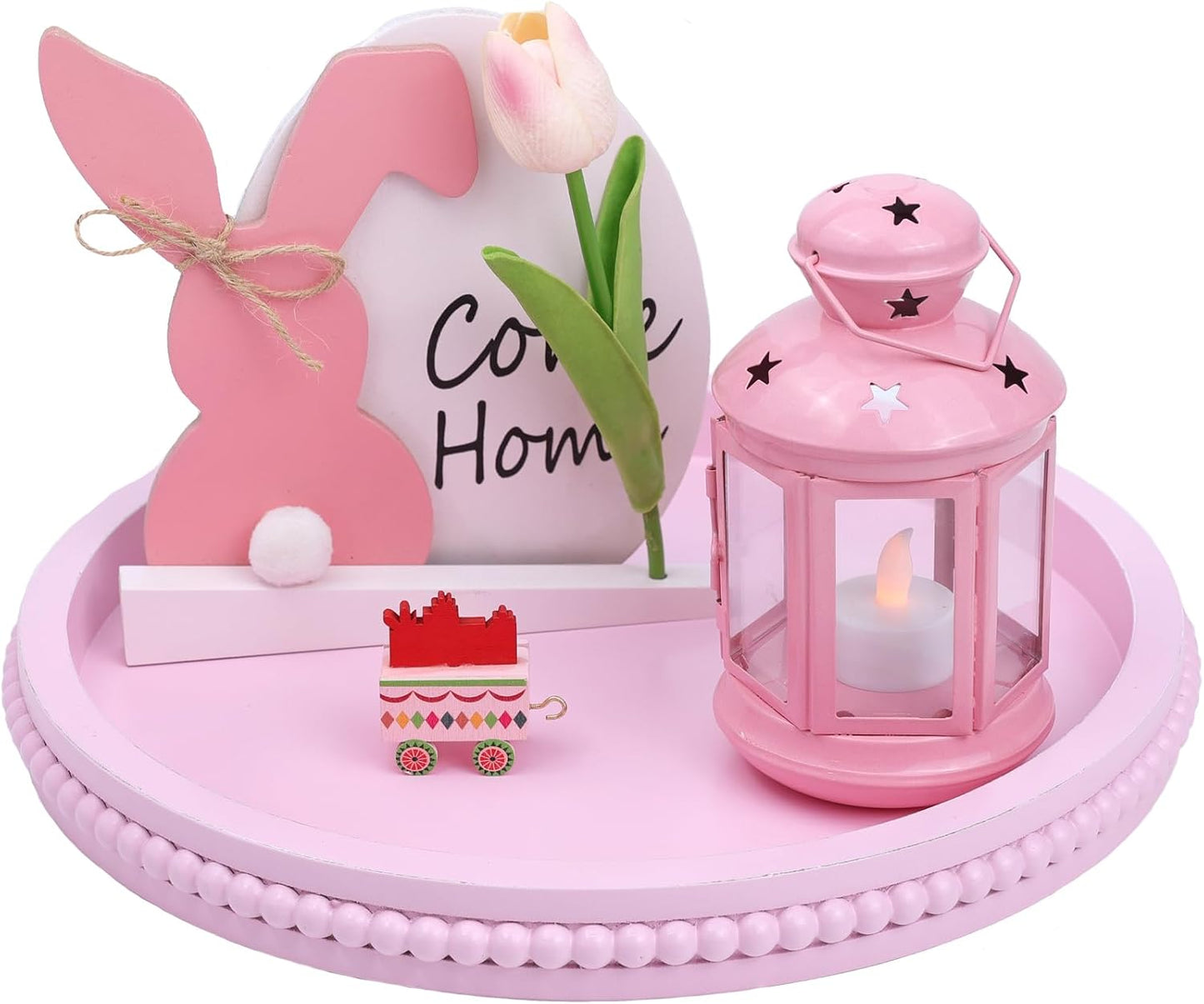 Pink Round Wood Decorative Ottoman Tray for Coffee Table Kitchen Counter, Living Room, Handcrafted Wooden Serving Tray for Table Centerpiece