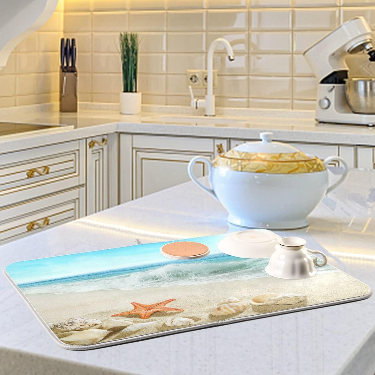 Sweetshow Summer Beach Dish Drying Mat 16 x 18 Inch Sea Wave Shells Starfish Drying Mat with High Absorbent Reversible Microfiber Kitchen Mat Dish Rack Pad Dish Drainer Mat Kitchen Counter Coffee Bar