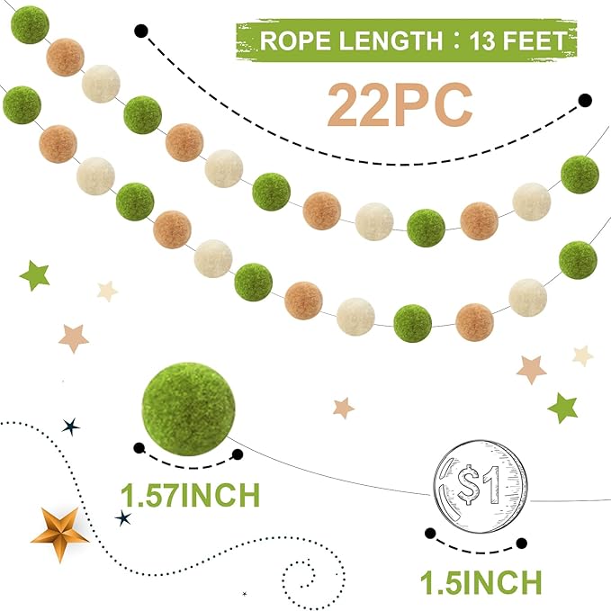 TBD Decor 2pk Pom Pom Garland 13FT Colorful Large Felt Ball Garland Fall Decoration for Mantle,Indoor Holiday Wedding Birthday Party Supplies(Green Brown)