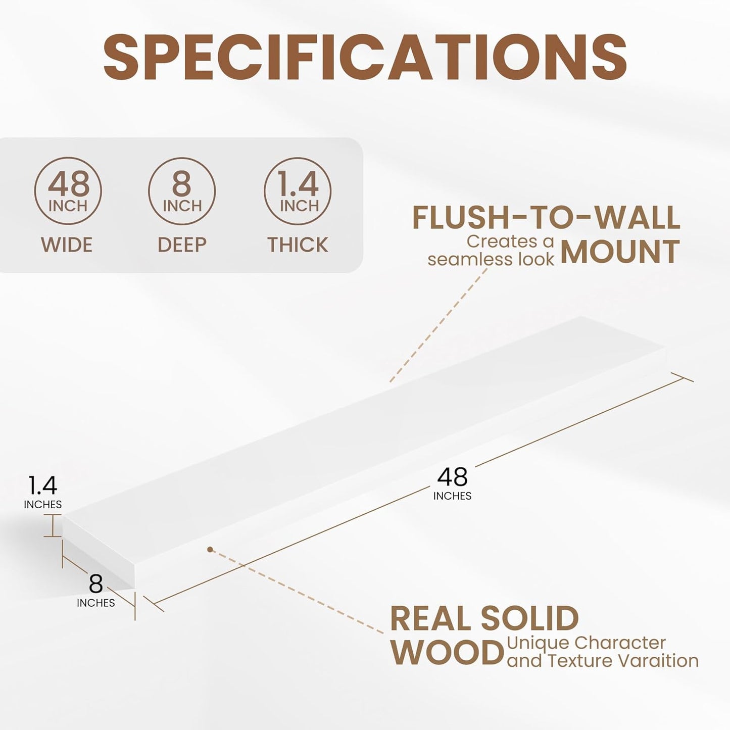 Fun Memories Rustic Real Wood Floating Shelves, 8 Inch Deep Floating Shelf Wall Mounted, 48" W x 8" D Wall Shelves Storage Shelves for Living Room, Bedroom, Bathroom, White Finish, Set of 1