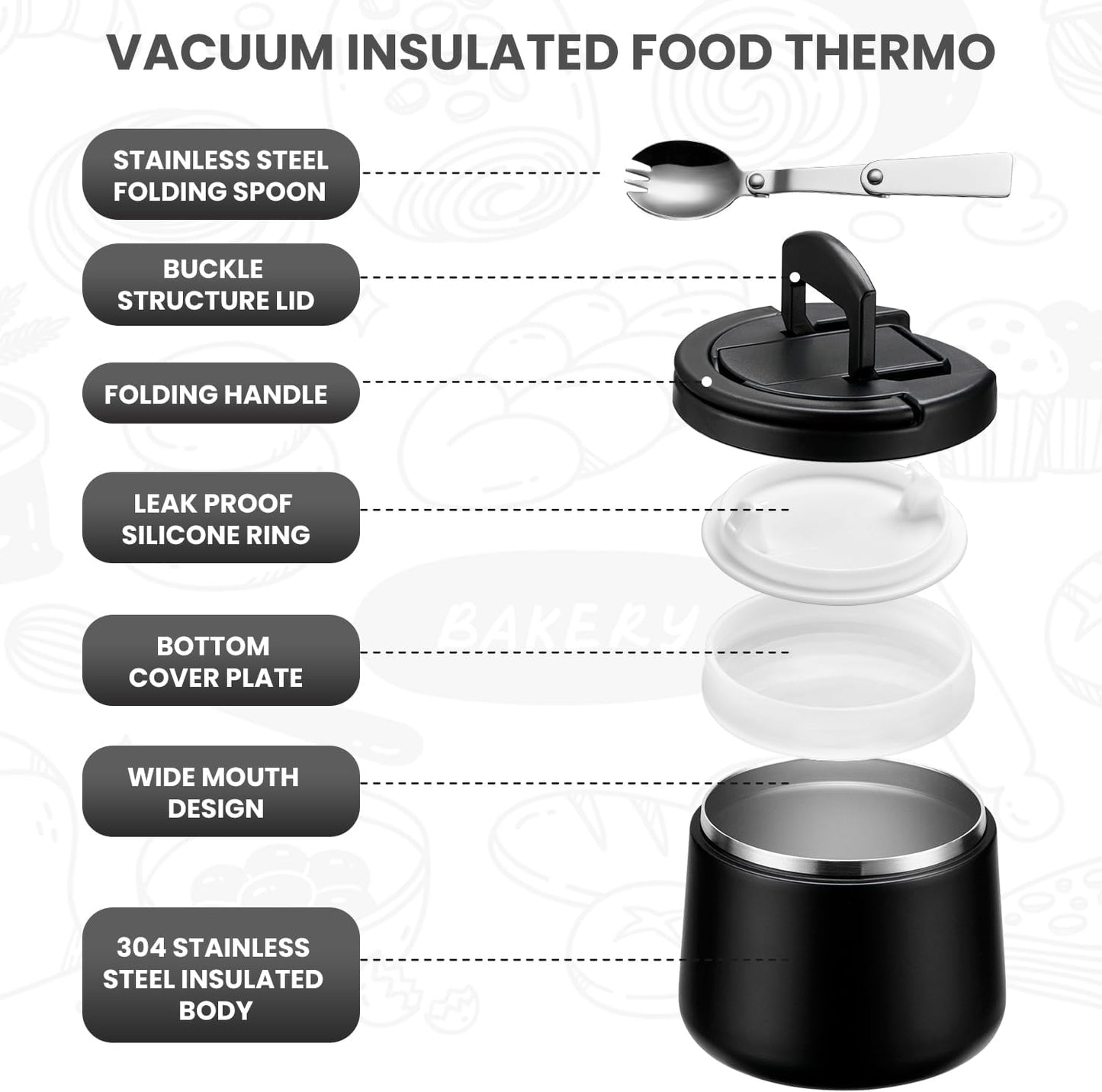 Soup Thermo for Hot Food 14oz Lunch Containers with Buckle Lid Wide Mouth Hot Food Jar Vacuum Insulated Stainless Steel Bento Box Leakproof with Spoon(Black)