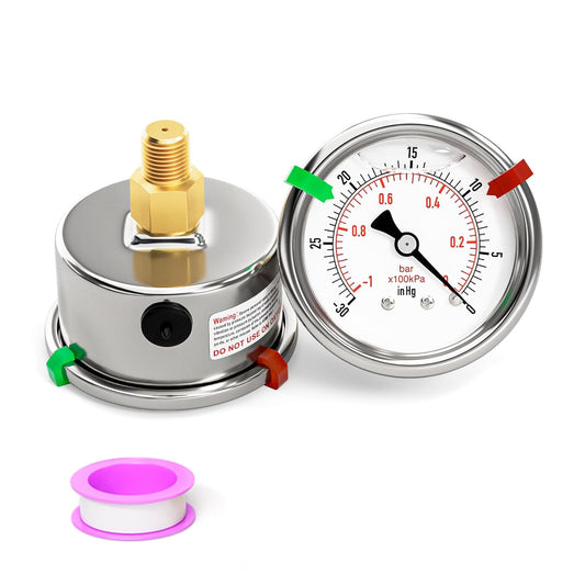 -30inHG-0PSI Stainless Steel Liquid Filled Pressure Gauge, 2.5" Dial Size, 1/8" NPT Back Mount, for Tube, Water Pump, Gas, Liquid, Pressure Test (with Range Mark Pointer)