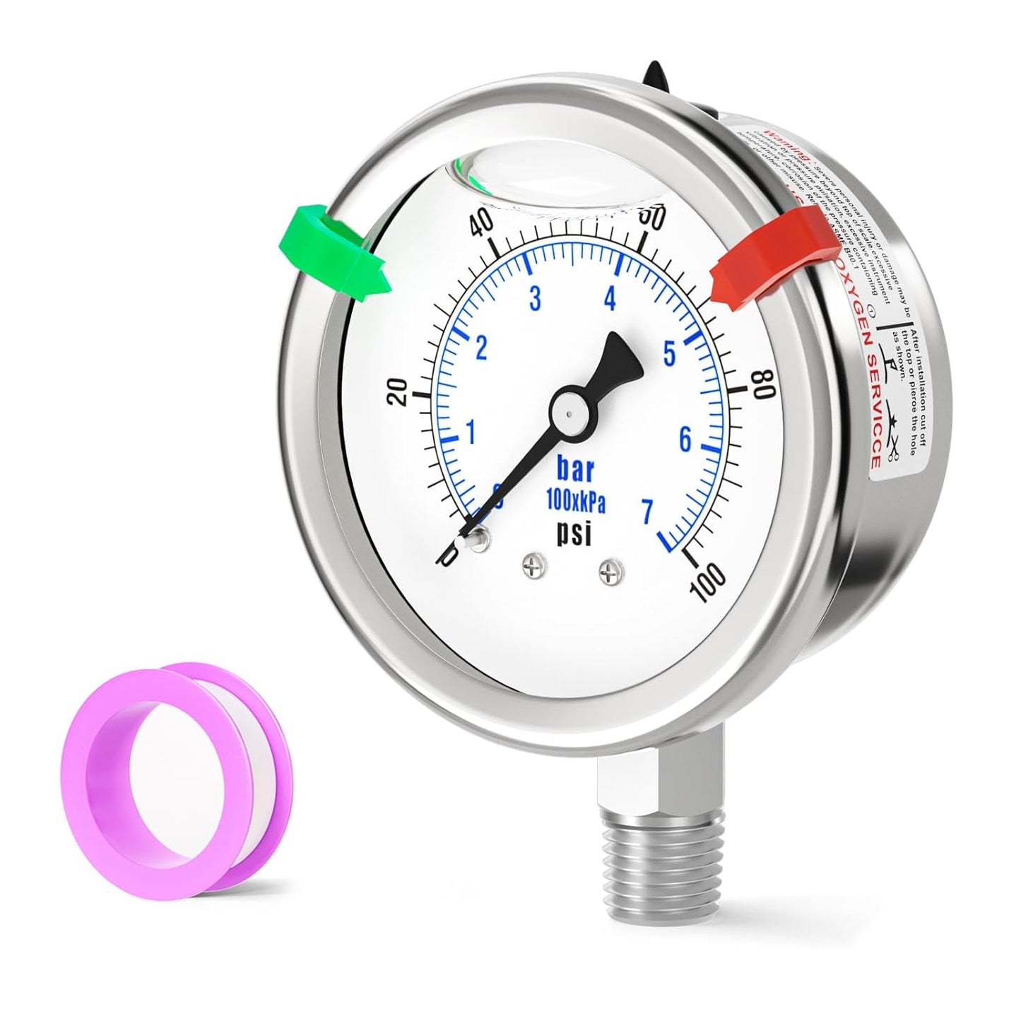 0-100PSI Stainless Steel Liquid Filled Pressure Gauge, 2.5" Dial Size, 1/4" NPT 316 Stainless Steel Joint, Lower Mount, for Tube, Water Pump, Gas, Liquid (with Range Mark Pointer)