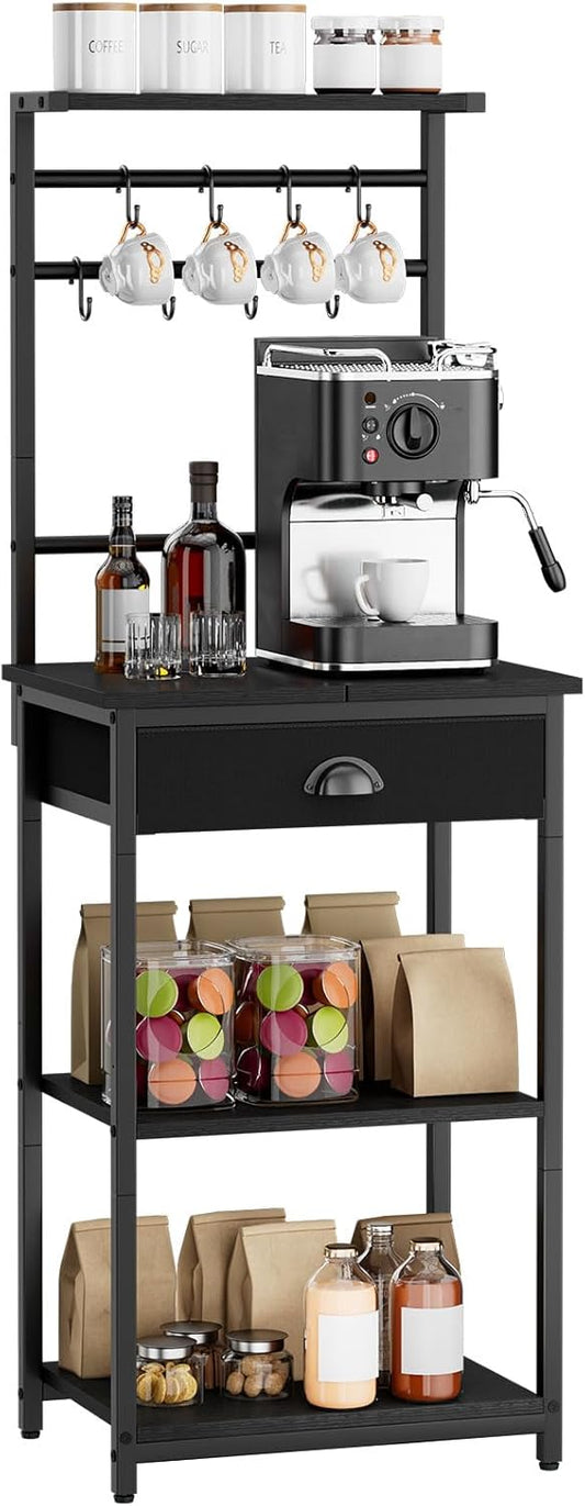 YMYNY 5 Tier Coffee Bar Station, Coffee Stand with Fabric Drawers, 8 S-Shaped Hooks, Corner Bar Cabinet, Height Adjustable, Bakers Rack for Kitchen, Living Room, Black, HBR009B