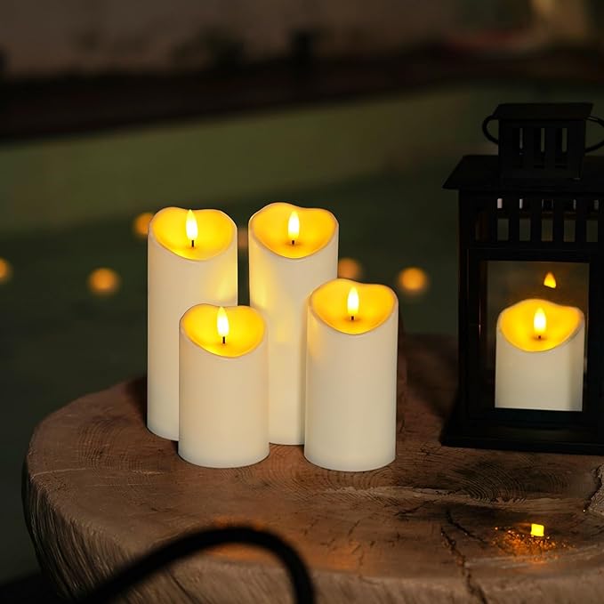 Homemory Outdoor Waterproof Flameless Candles, LED Candles, Battery Operated Candles with Remote and Timers, Electric Fake Plastic Pillar Candles, Ivory White, D3 H4 5" 6" 8" 8", Set of 5