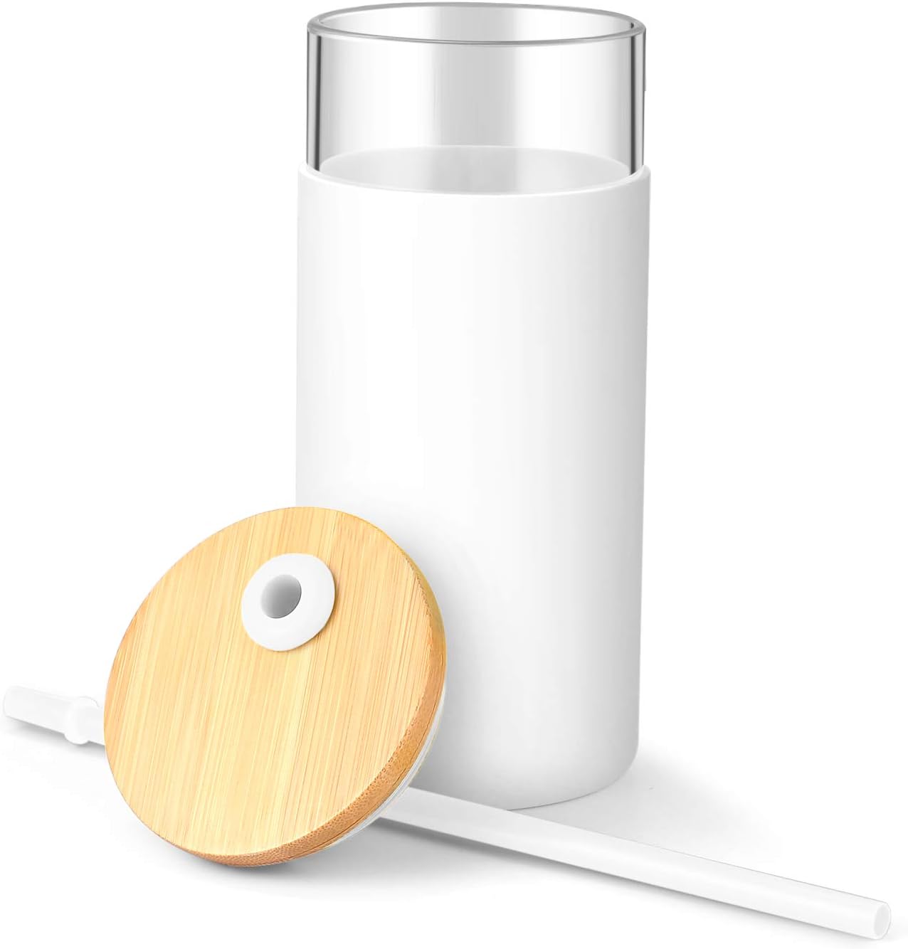Tronco 20 oz Glass Tumbler Glass Water Bottle Straw Silicone Protective Sleeve Bamboo Lid - BPA Free -White/4 Pack